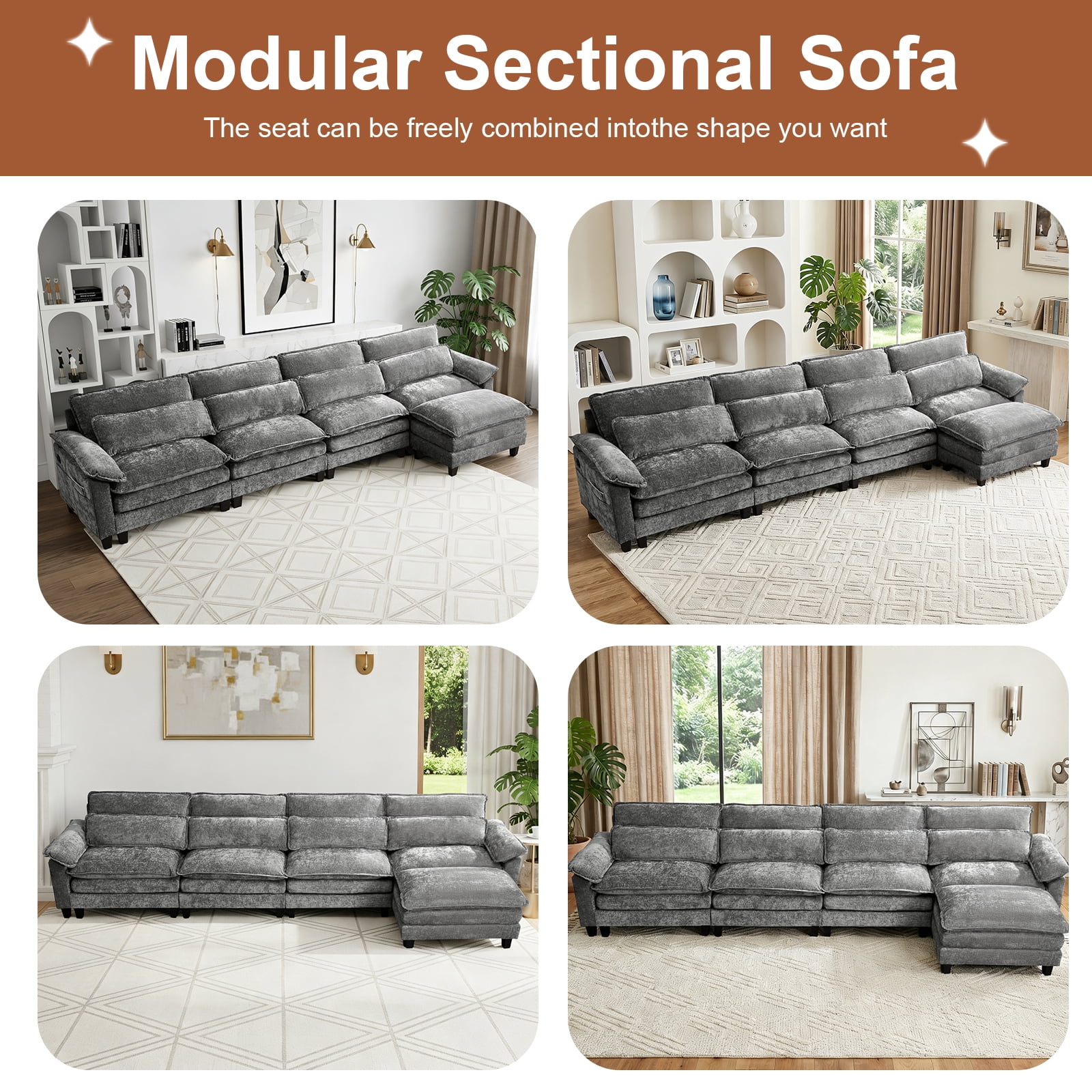 Howcool 148" Modular Sectional Sofa , 4 Seater L-Shaped Cloud Couch with Movable Ottoman, USB Charging Ports & Side Pockets, Sectional couchs for Living Room,Chenille Fabric,Grey