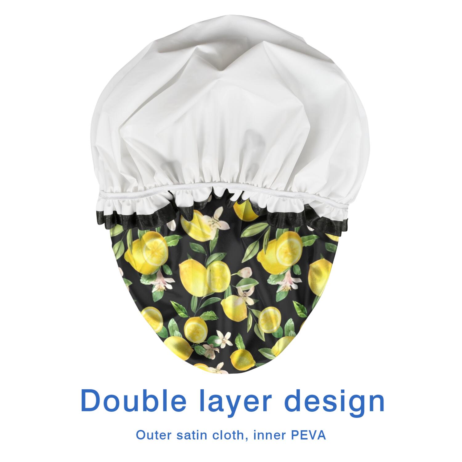 Shower Caps,Yellow Lemon Fruit Flowers Black Pattern Waterproof Shower Cap for Women 4 Pieces,Double Reusable Hair Cover for Shower PEVA Elastic Stretch Hem