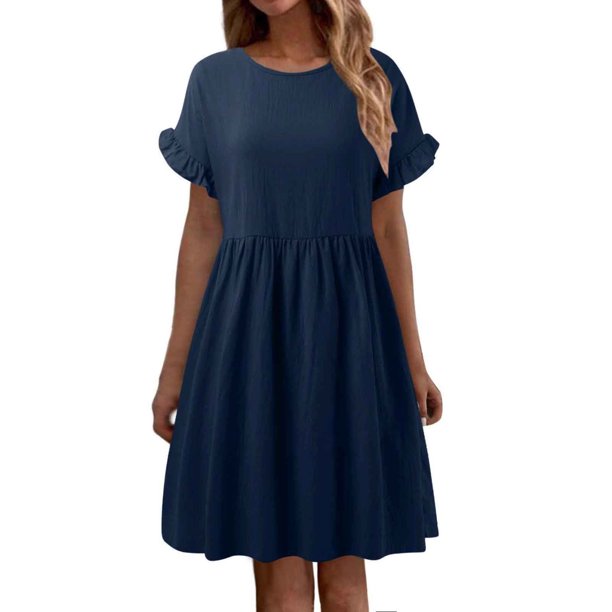 Vestido largo de lino liso con cuello redondo para mujer - Corte holgado, poliéster, elegante vestido informal de verano
