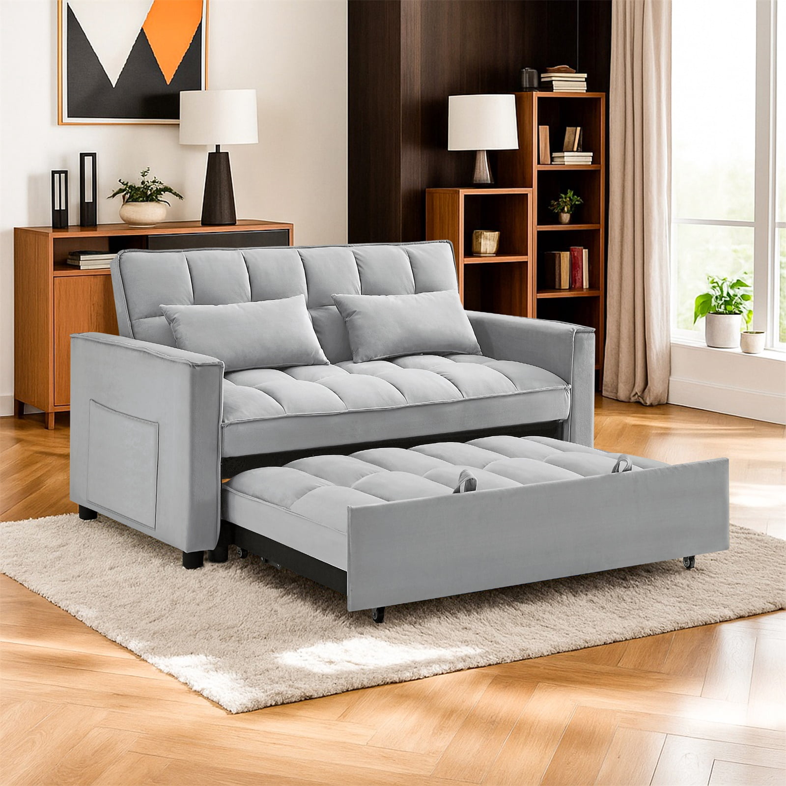 Hommoo Modern 3 in 1 Convertible Sleeper Sofa Bed, Pull Out Loveseat Couch Futon Sofa Bed with 3-Level Adjustable Back, Gray