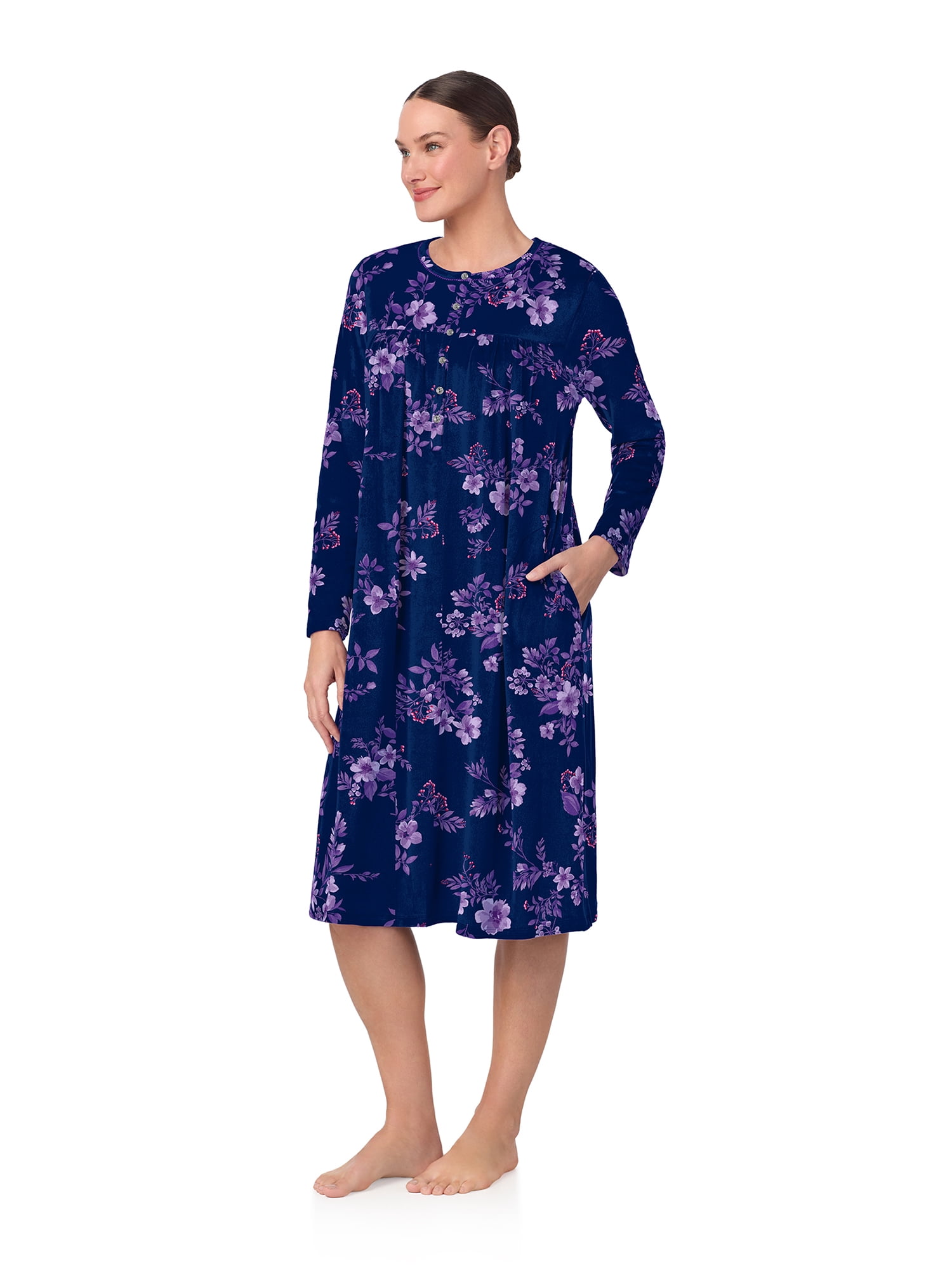 Aria Women’s Long Sleeve Stretch Velour 44" Sleepwear Nightgown, Sizes XS-5X
