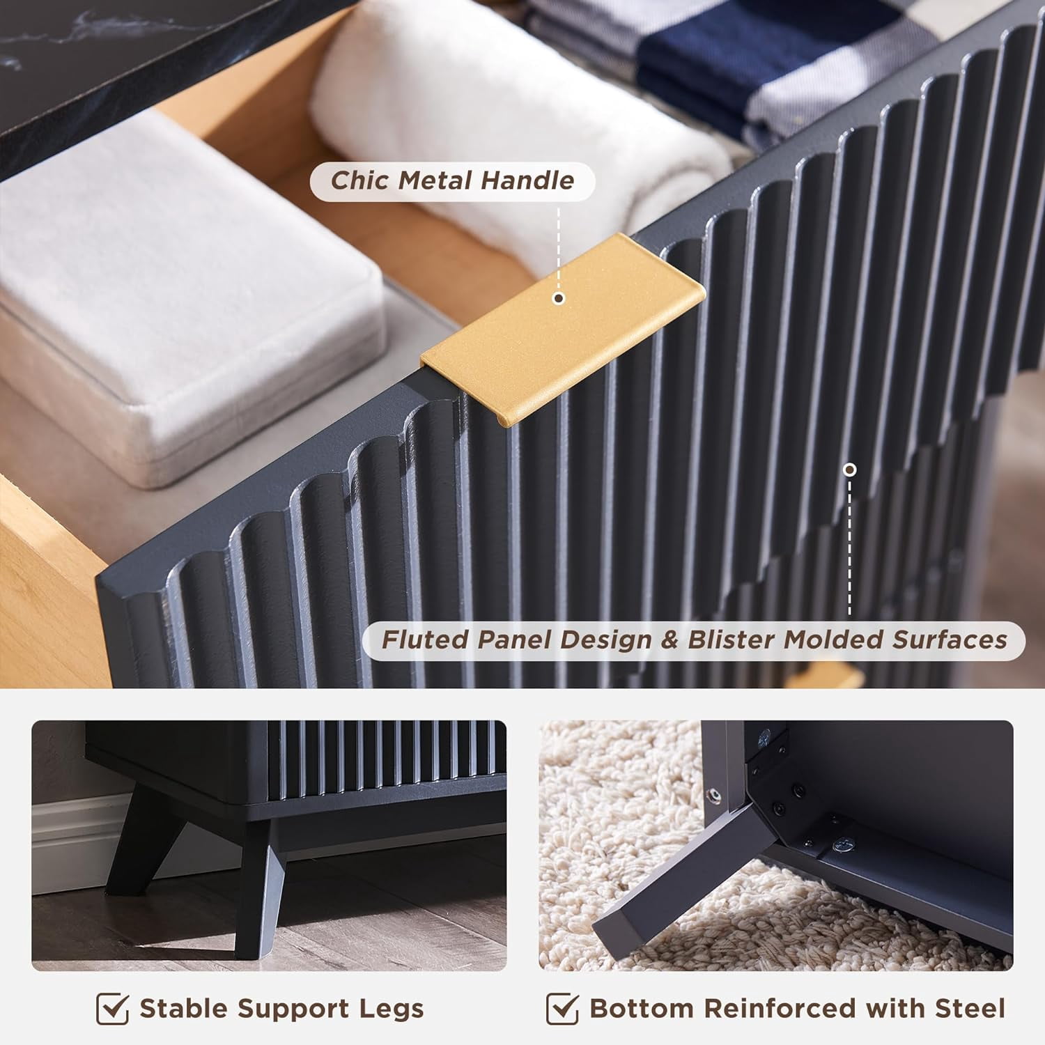 OKD Fluted 5 Drawers Dresser, Modern Wood Chest of Drawers with Faux Marble Top, Curved Profile Design for Bedroom, Living Room, Hallway, Entryway, Dark Grey
