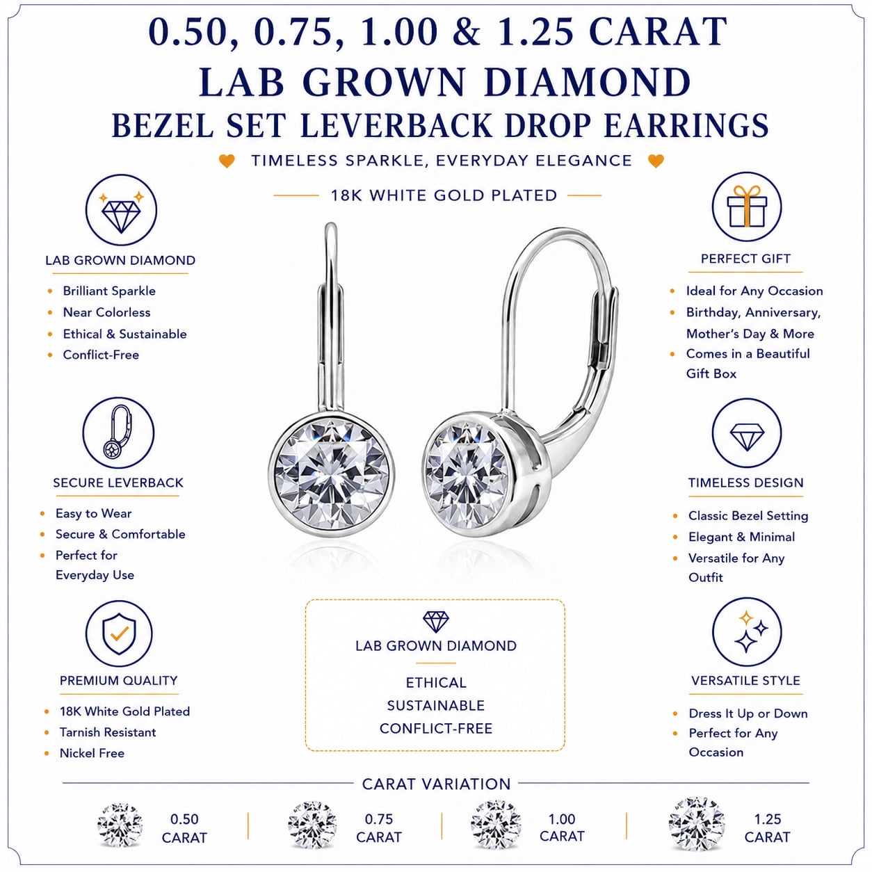 JeenMata 0.50 Carat Lab Grown Diamond Bezel Set Leverback Drop Earring - in 18K White Gold Plating Earrings for Women, Gift for Girlfriend, Mother, Her
