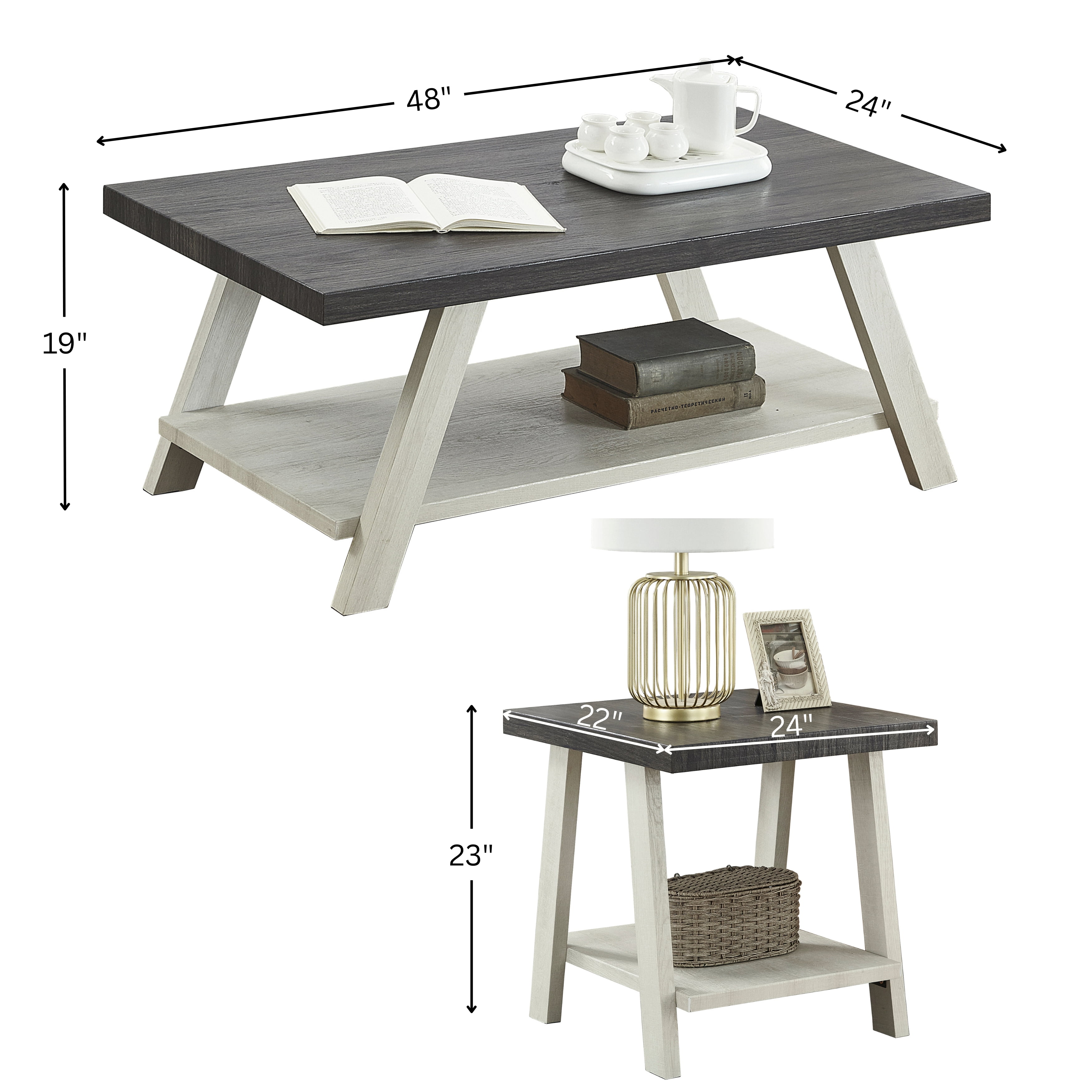 Roundhill Furniture Athens Contemporary 3-Piece Wood Shelf Coffee Table Set in Weathered Charcoal and Beige