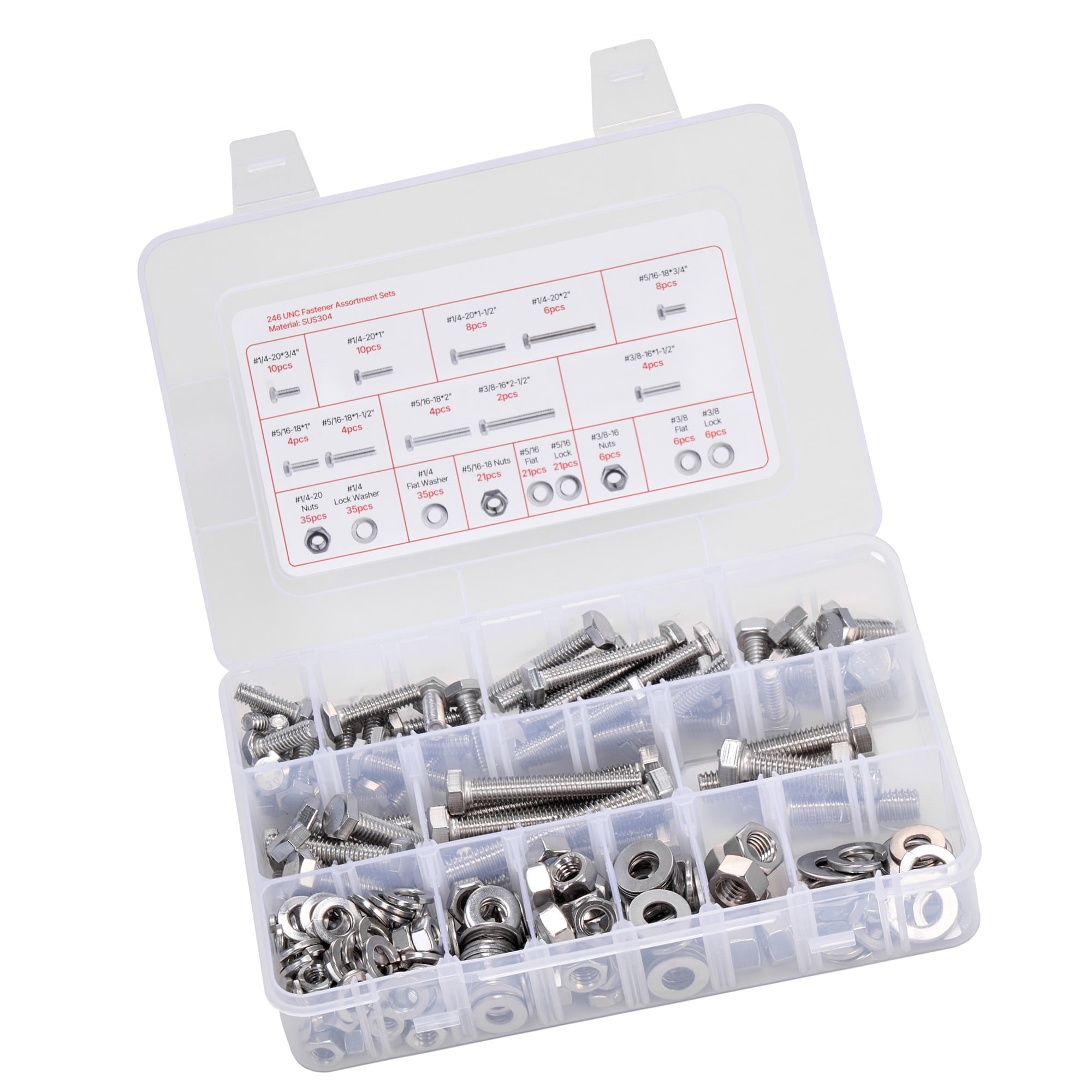 246PCS Stainless Steel Nuts And Bolts Assortment – 1/4-20, 5/16-18, 3/8-16, With Washers & Case