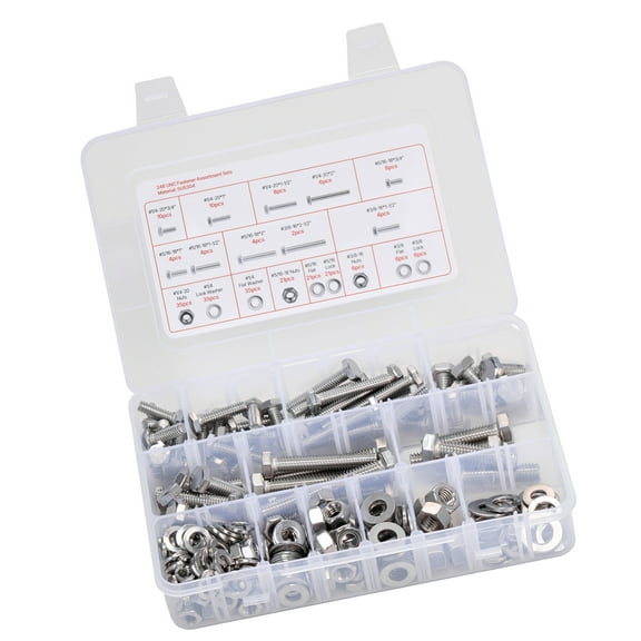 KFFKFF 246-Piece Bolts and Nuts Set with Washers, Stainless Steel Assortment Kit, Includes 1/4-20, 5/16-18, 3/8-16 Sizes, Ideal for Furniture, Equipment, and Vehicle Assembly, Comes with Storage Case