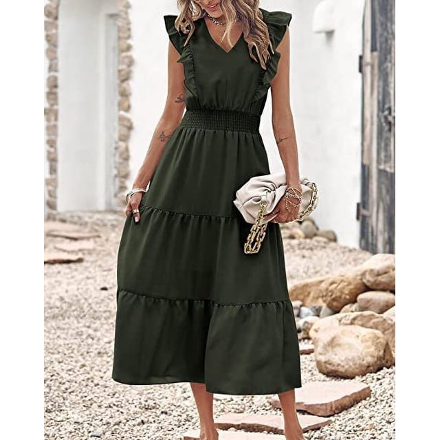 EGNMCR Robes de Vacances pour Femmes Mode Printemps, Été et Décontracté Col en V Manches Courtes Robe Unie