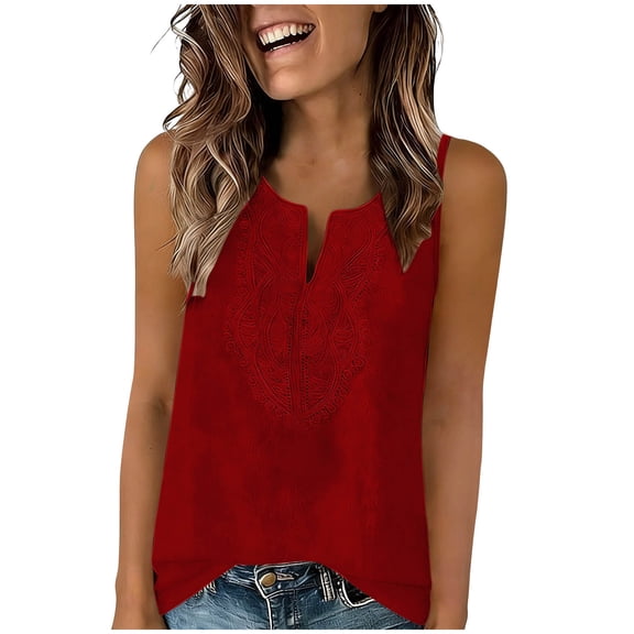 CHGBMOK Womens Sleeveless Tank Tops Summer V Neck Linen Shirts Lace Boho Vacation Blouses