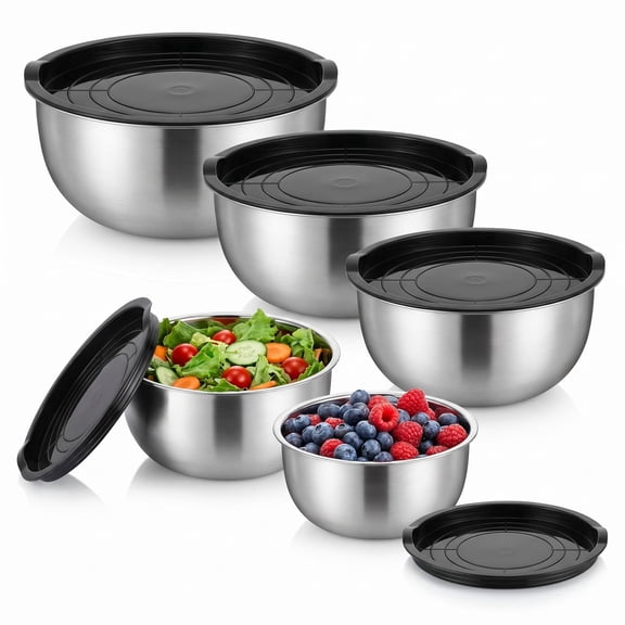 Vesteel Stainless Steel Mixing Bowls, 5 Piece Metal Nesting Bowls with Airtight Lids, Stackable Salad Bowls for Baking, Prepping & Serving, Dishwasher Safe, 5/3/1.7/1.2/0.8 QT, Black