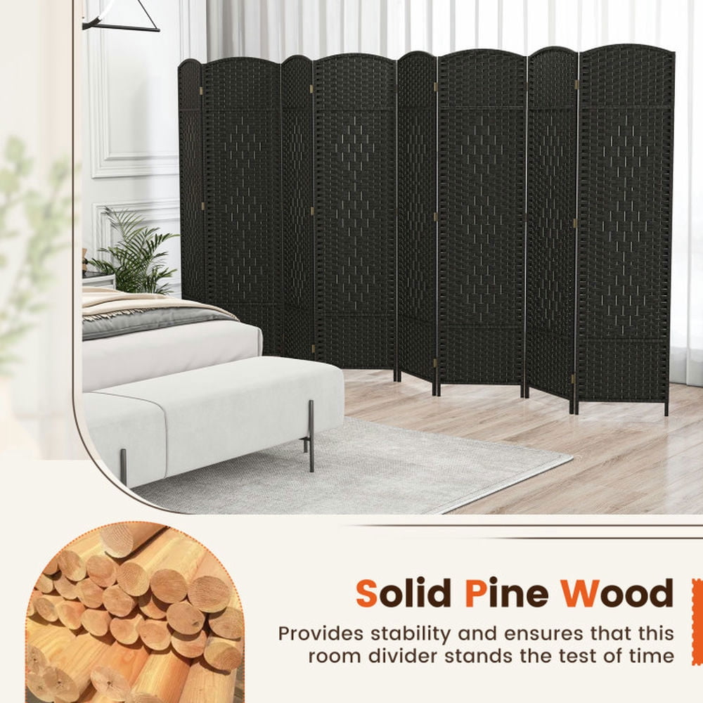 Spaco 8-Panel 6 Feet Tall Room Divider, Folding Room Divider with Hand-Woven Texture, Privacy Screen with Solid Wood Frame for Indoor, Black