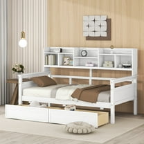 AENKYO Twin Size Wooden Daybed Bed Frame with 2 Storage Drawers and Headboard Shelf, Solid Wood Sofa Bed, White