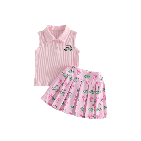 BemeyourBBs Toddler Baby Girls Summer Clothes Little Baby Girl Golf Outfit Sleeveless Golf Cart Embroidery Vest Tank Tops with Pleated Skirt 2Pcs Set