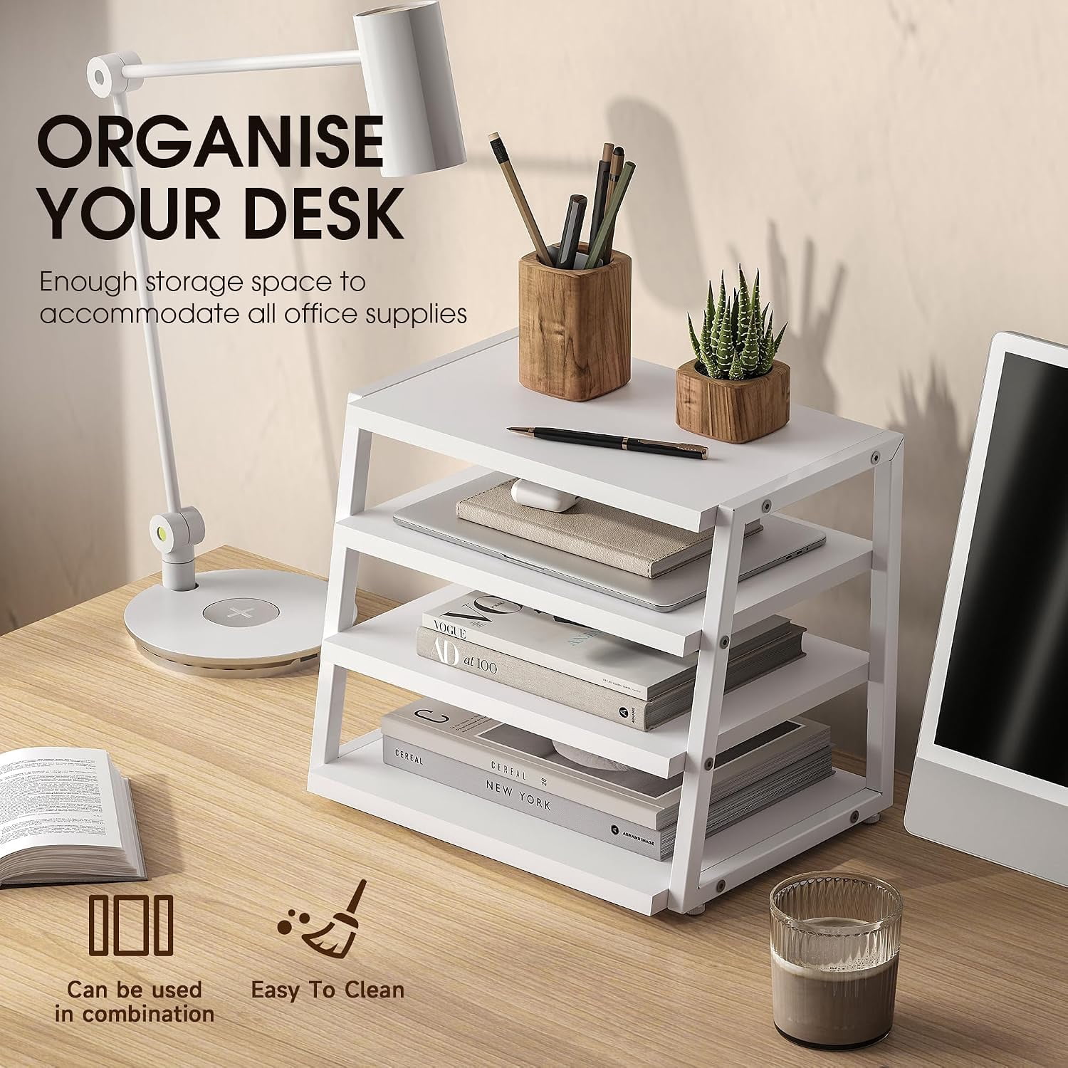 Fenge 4-Tier Desktop Shelf Organizer with Wood and Metal Storage, Black