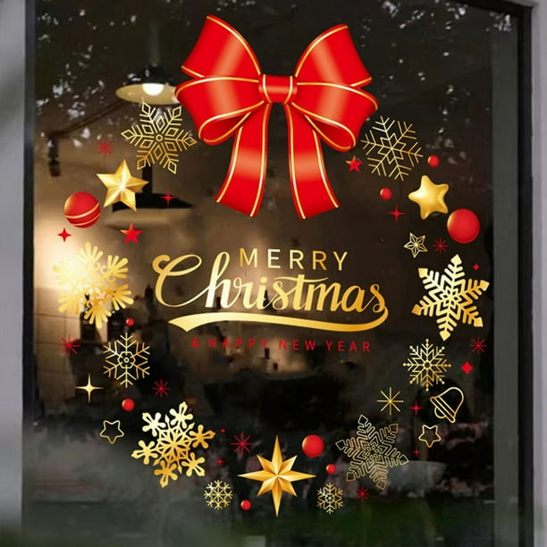 Seyotauo Merry Christmas Bow Window Clings, Xmas Ribbon Balls Gold Snowflake Star Stickers Decals Decorations, Winter Holiday Holly Berries Home Kitchen Decor
