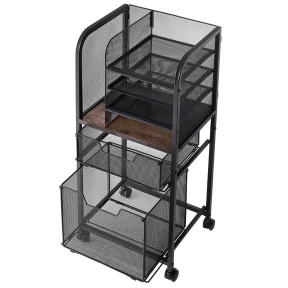 KFFKFF 6-Tier Mobile File Cart with Wheels and Drawers, Large Storage Organizer for Home or Office, Fits Under Desk, Hanging File Folder Holder, 45 lbs / 20.5 kg Capacity, Black