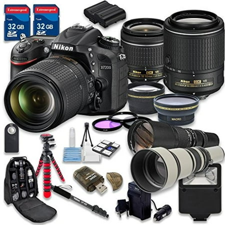 Nikon D7200 DSLR Camera with 18-55mm Lens + 55-200mm f/4-5.6G VR II Lens + 500mm f/8 Preset Lens + 650-1300 f/8-16 Telephoto Lens -