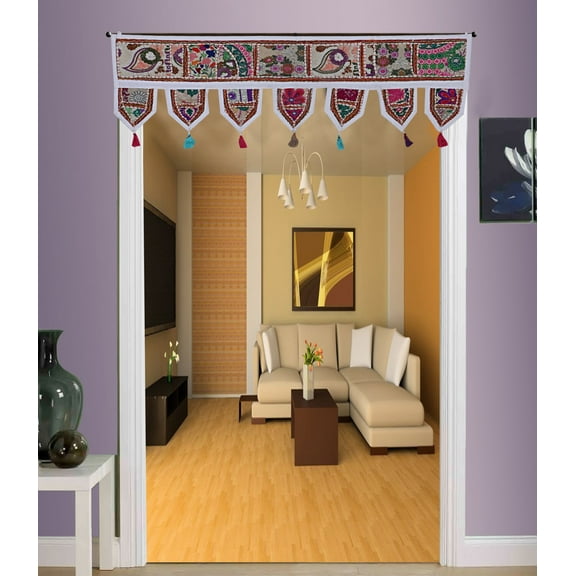 Stylo Culture Ethnic Cotton Window Valance Embroidered White Vintage Embroidered Patchwork Tassels Floral Scarf Curtain Topper Living Room Swag Curtain Door Hanging Toran | 38 x 14 Inches