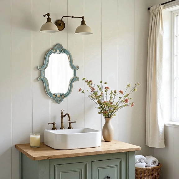 Sintosin Vintage Oval Wall Mirror 16“x23” - Distressed Turquoise Blue Scalloped Wood Frame, Rustic Bathroom Mirror for Entryway, Living Room - Horizontal/Vertical Hanging