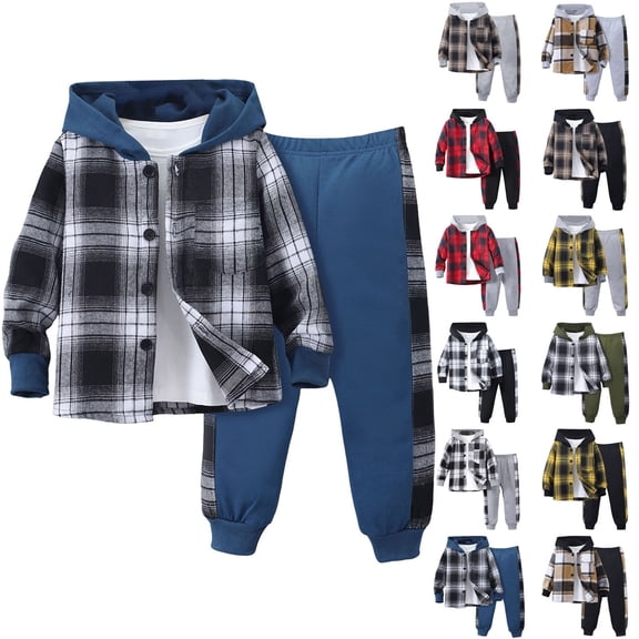 Boys Sweatsuit Fleece Toddler Boy Clothes Plaid Hooded Shirt - 2 Piece Outfit: Button Front Toddler Hoodie & Sweatpants Set (3~7 years)