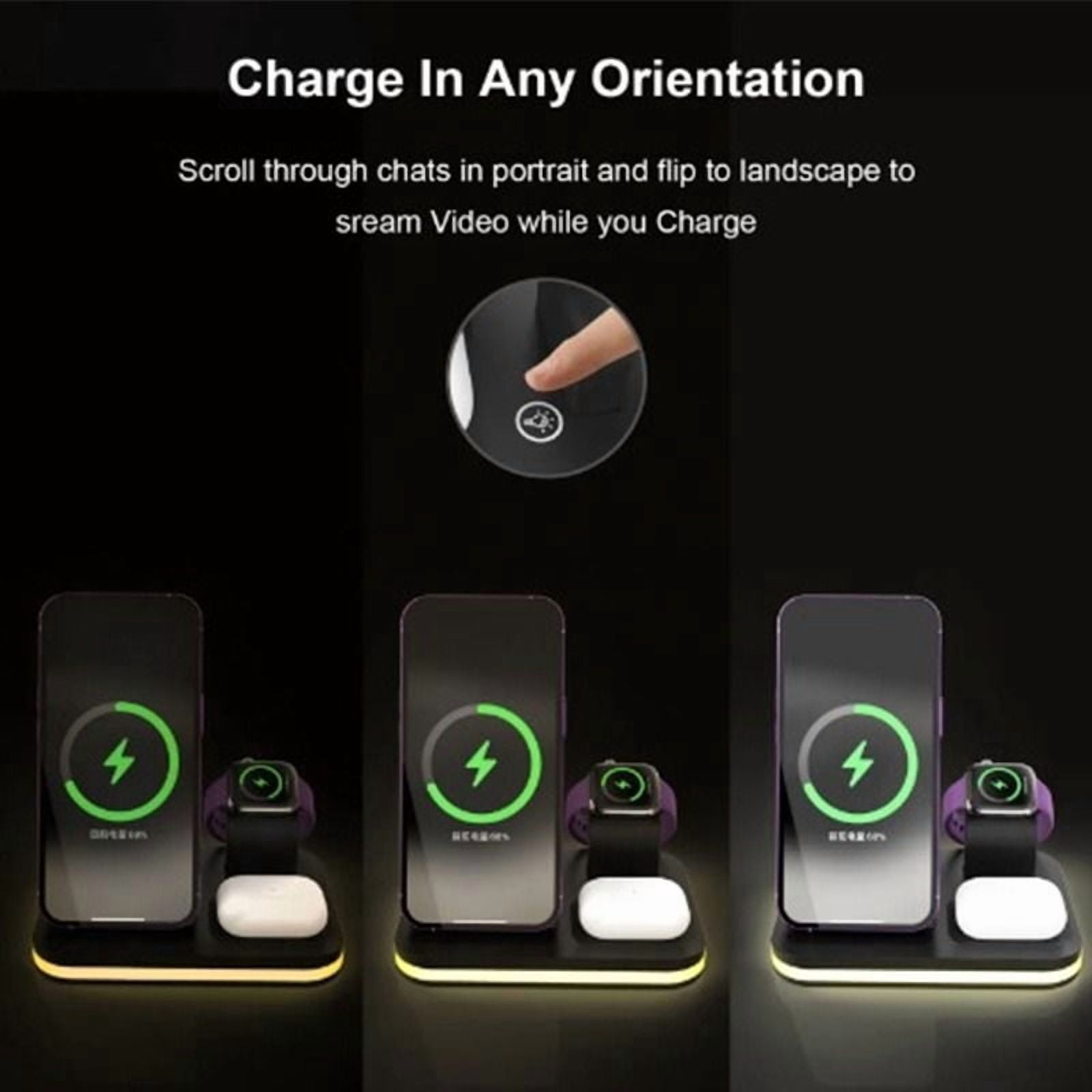 3-in-1 Fast Wireless Charging Station - 15W for iPhone 12-14 Apple Watch AirPods (Black Night Stand Mode)