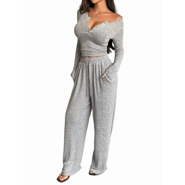 Conjuntos de Dos Piezas de Otoño para Mujer, Camiseta de Larga con Cuello en V y Pantalones Anchos, Conjuntos de Chándal Informal. Gris M