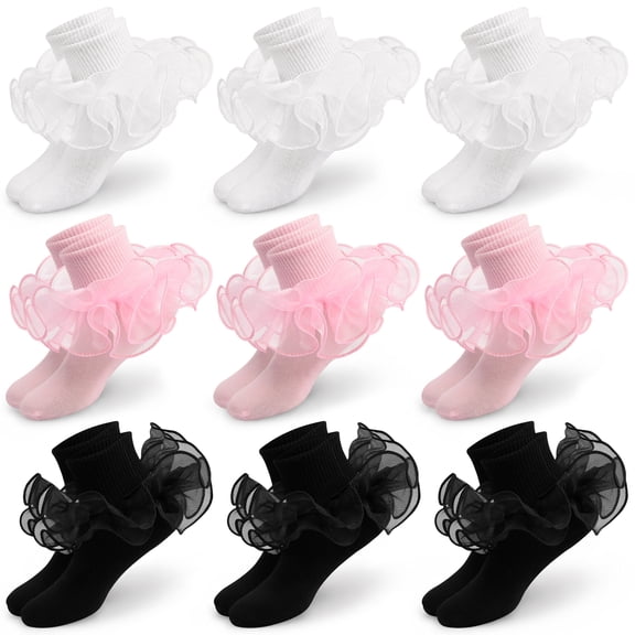 Yawlsow 9 Pairs Girls Ruffle Socks, Soft Cotton Double Lace Frilly Turn Cuff Socks for Kids 4-10 Years