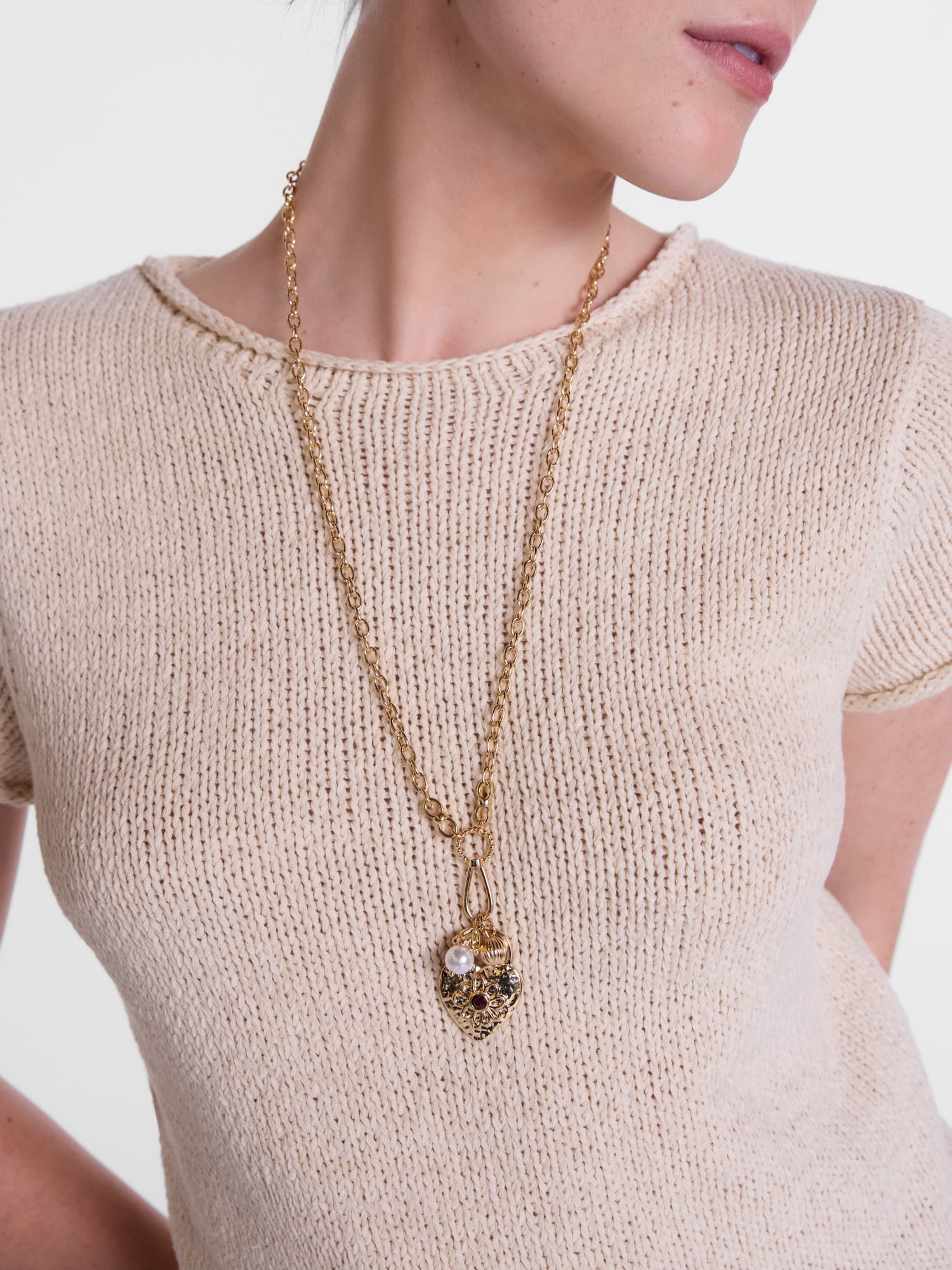 Scenario Heart Locket Charm Necklace, Gold-Tone