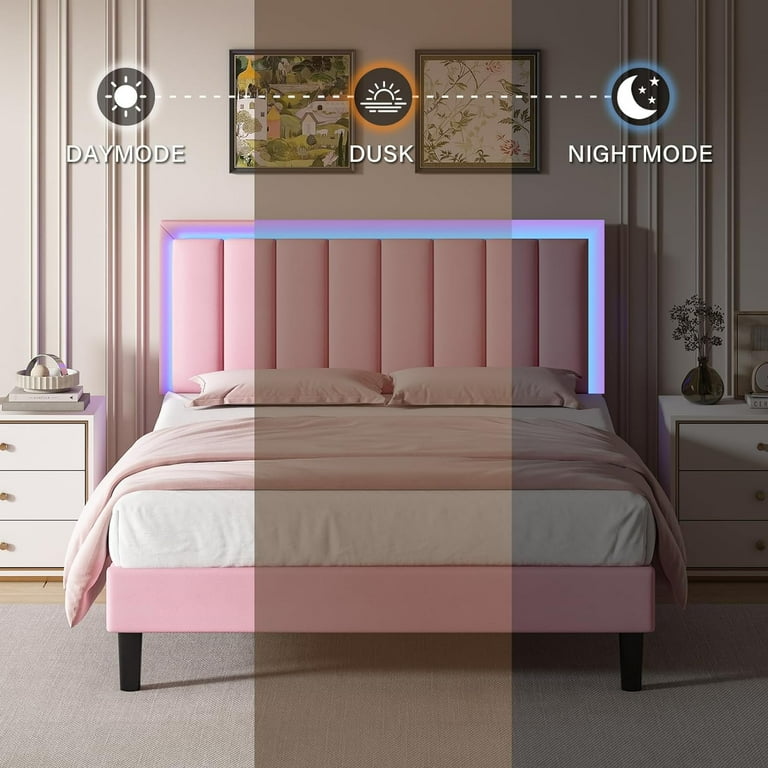 4 Ever Winner Twin Size LED Bed Frame Pink Twin Bed Frame with LED Light Headboard Pink Bed Frame for Grils Pink