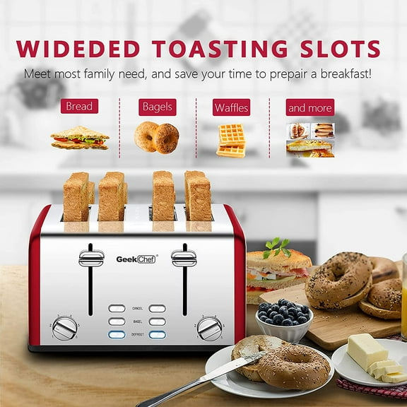 4 Slice Toaster - Red-Classic, 6 Bread Shade Settings, 4 Extra Wide Slots, Defrost/Bagel/Cancel Function, Removable Crumb Tray, Stainless Steel Toaster, 1500W