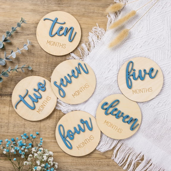 Baby Monthly Milestone Markers Disc, Wooden 3D Milestone Cards for Photos, Baby Announcement Sign, Blue, 1-12 Months, 4 Inches in Size.