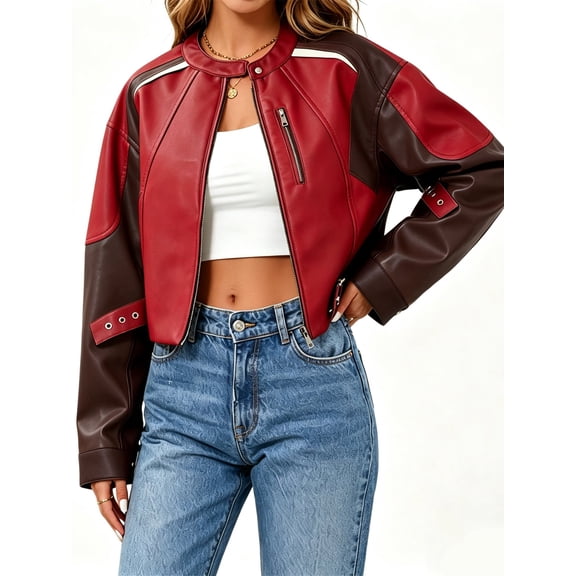 Womens Faux Leather Bomber Jackets Cropped Zip Up Color Block Fall Casual Moto Biker Coats