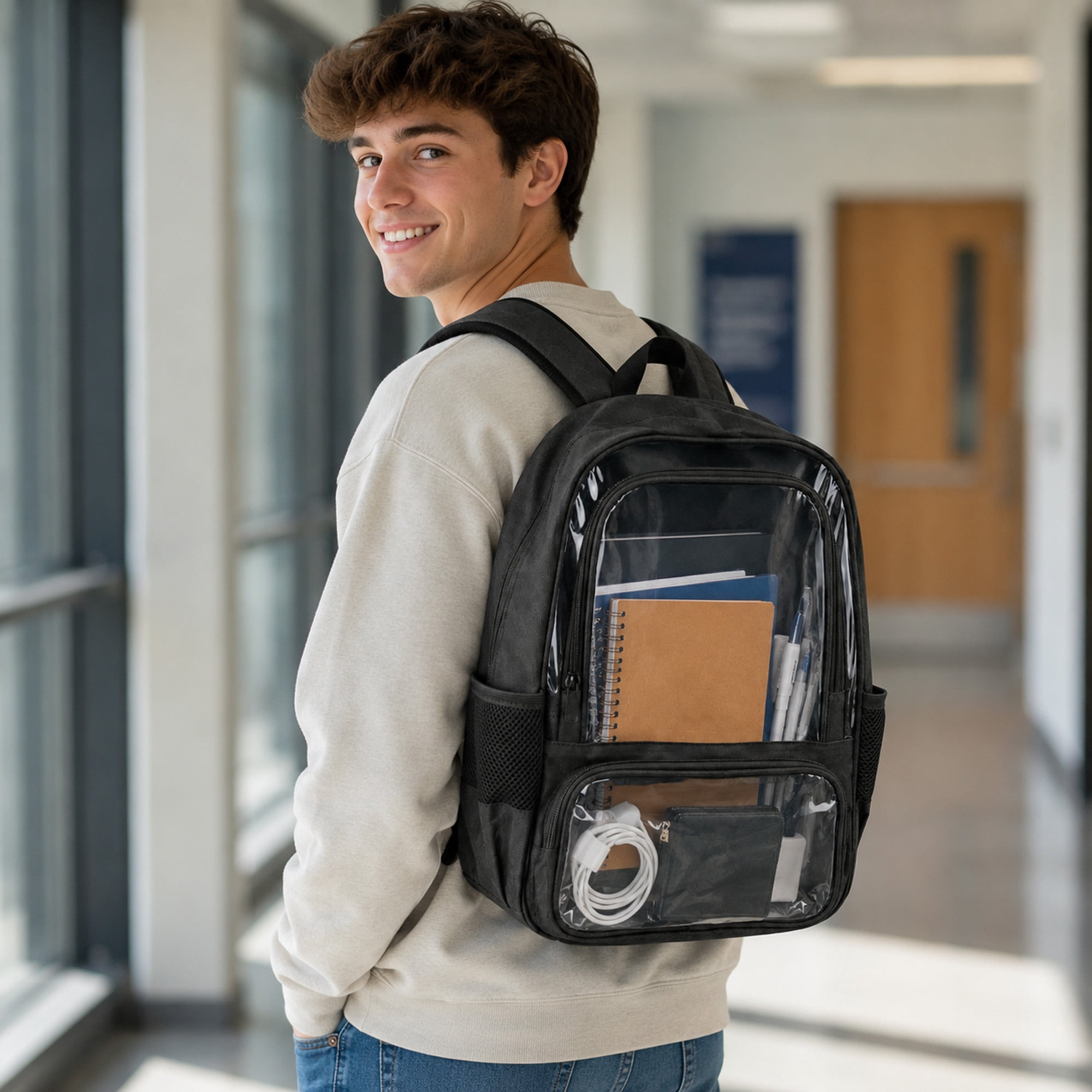 Large Clear Backpack with Dual Front Pockets, Padded Adjustable Straps and Side Mesh Pockets for School, Work & Travel