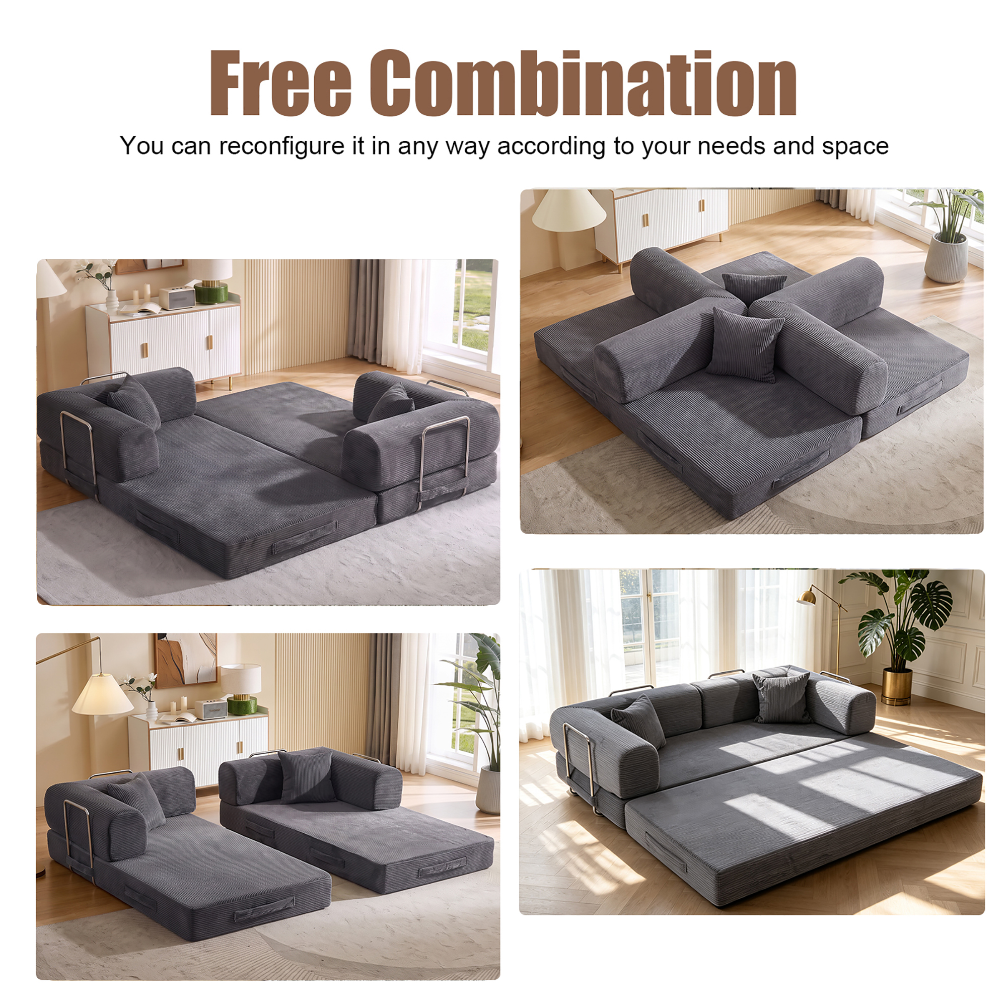 HOQBN Convertible Sofa Bed, Corduroy Fold Out Futon Sleeper Mattress with Pillows, Boneless Folding Floor Couch for Living Room Bedroom Gray