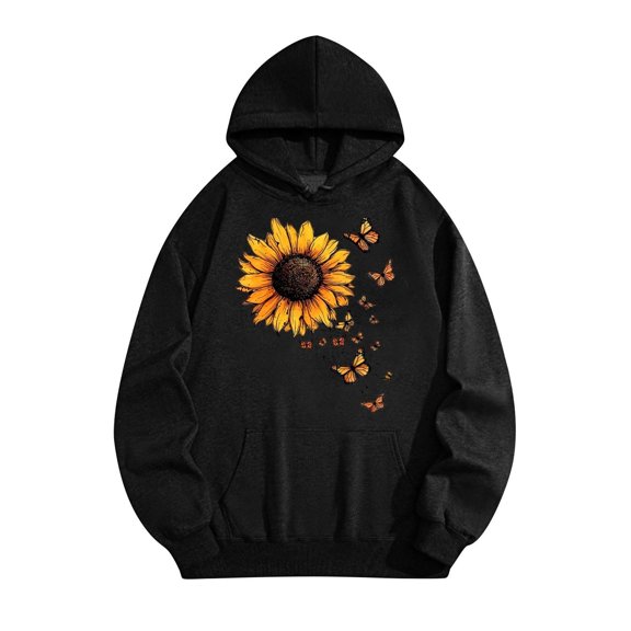QunYou Black Graphic Hoodie For Women 2025 Cute Sweatshirt Long Sleeve Pullover Tops with Pockets Women's Fashion Casual Printed Blouse