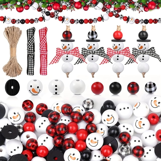 80 piezas de cuentas de madera navideñas para manualidades, cuentas redondas a cuadros de búfalo para manualidades, cuentas espaciadoras sueltas pulidas de granja, cuentas de muñeco de nieve de