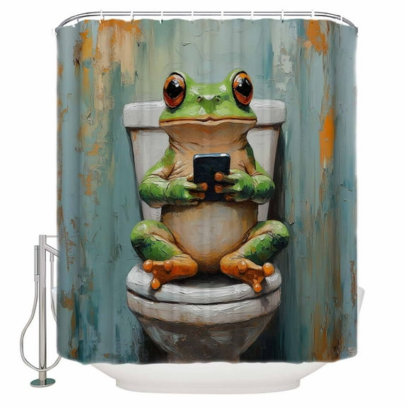 Funny Animal Shower Curtain, 36" x 72", Frog Sitting on Toilet Frog Playing Phone Waterproof Bathroom Curtain Washable Shower Curtain Set with 12 Hooks