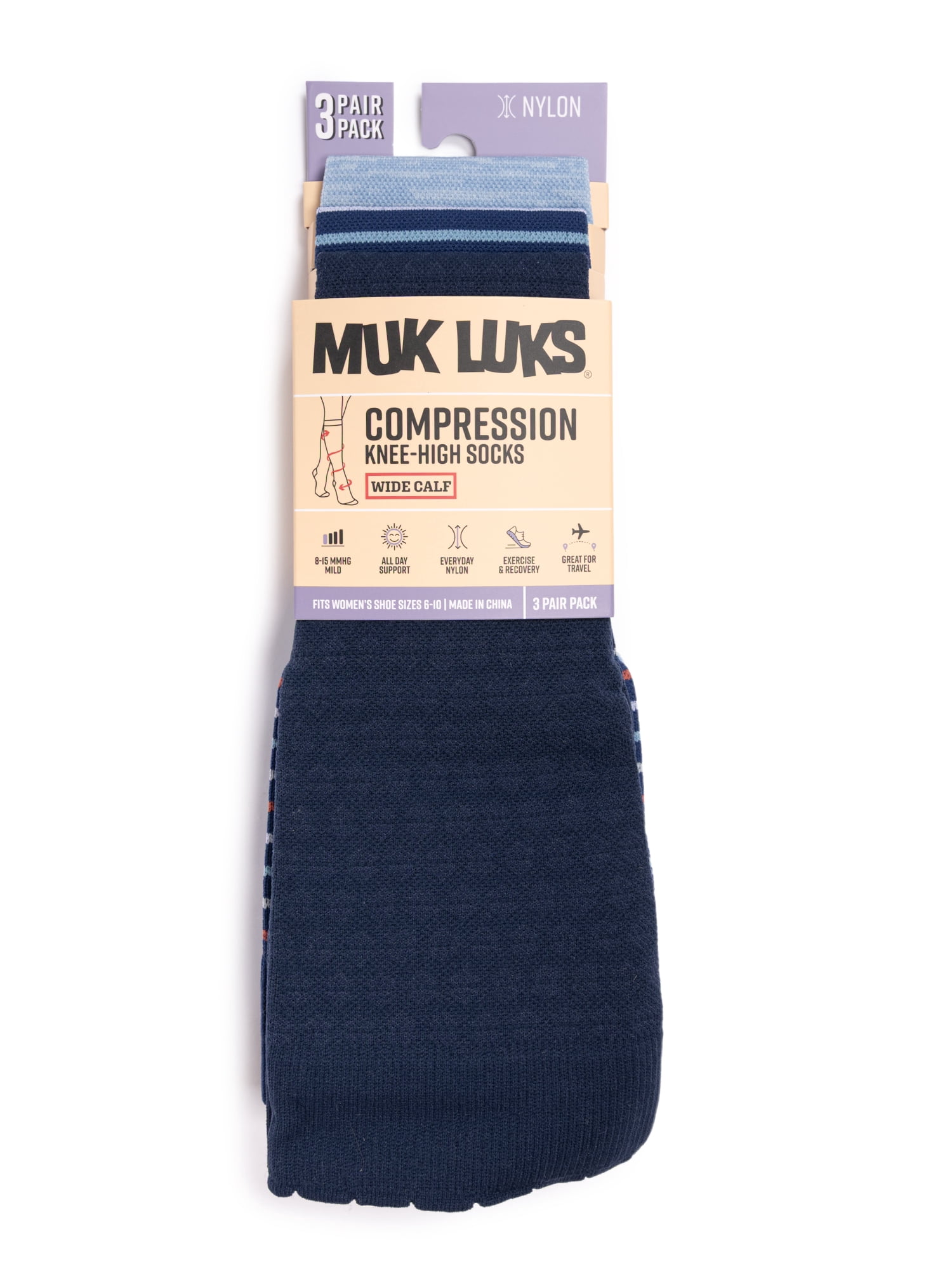 MUK LUKS Women's Wide Width Compression Nylon Knee-High Socks, 3-Pack, Shoe Size 6-10