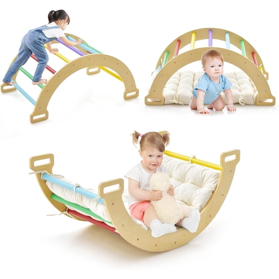 OLAKIDS 4 in 1 Arch Climbing Toys for Toddlers, Montessori Wooden Arch Climber Ladder Structure and Rocker with Cushion Pad, Waldorf Children Indoor Gym Learning Playset for Kids Boys Girls (Natural)