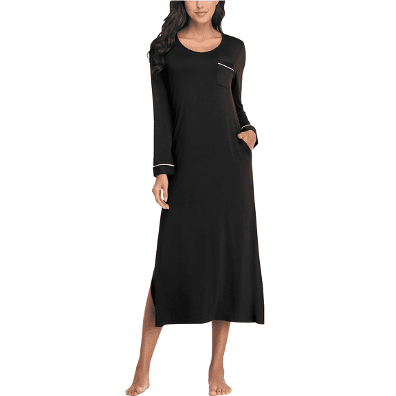 EA'S SECRET Womens Nightgown Full Length Casual Loungewear Long Sleeve V Neck Nightshirt with Pockets(Black,2XL)