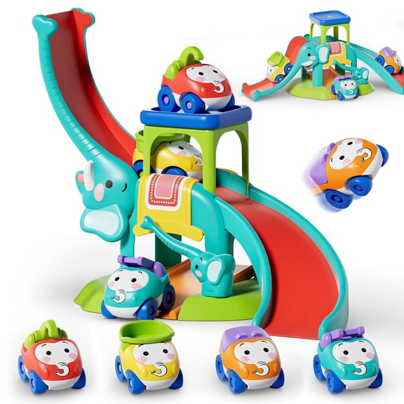Toys for 1 Year Old, Toddler Toys, Toy Car for Toddlers, 5 in 1 Elephant Slide & Parking with 4 Push and Go Toy Cars, Baby Toys, Learning Educational Toys for 1 2 3 Year Old Boys Girls Best Gifts
