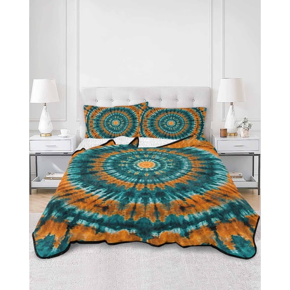 Quilts Twin Size, Teal Orange Soft Comforter Bedding Set for Bed, Ethnic Geometric Art Modern Abstract Lightweight Quilted Bedspread with Pillow Cover(2 Pieces) for All Season, 68x86 Inch