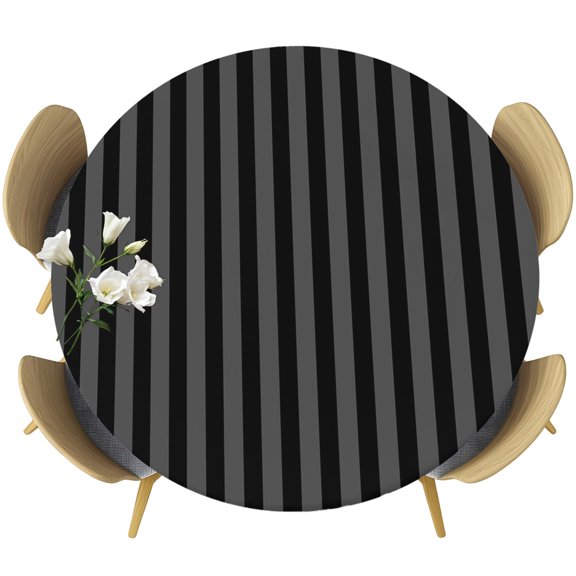 Round Fitted Tablecloth with Elastic Edge, Modern Black Stripe on Gray Fitted Table Cloth for Round Tables 55-60in, Minimalist Geometric Line Waterproof Tablecloth for Outdoor Picnic Party