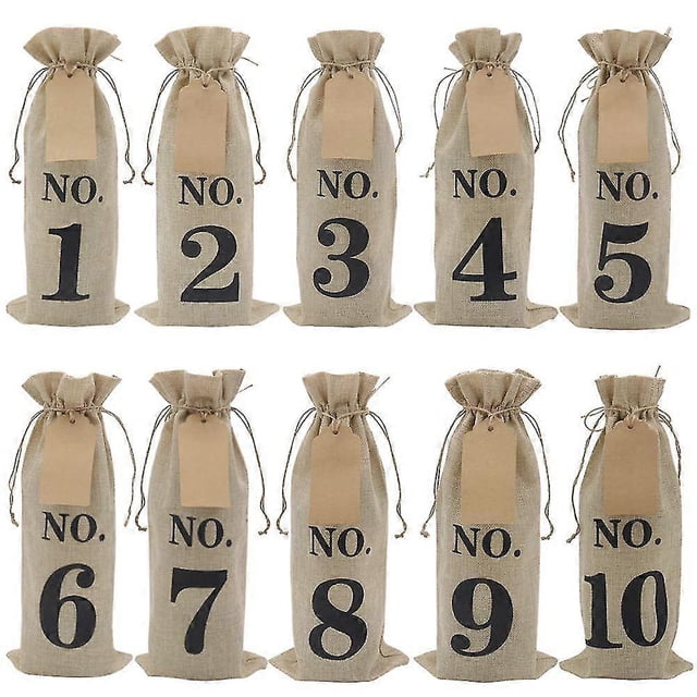 10pcs Burlap Wine Bags With Tags For Blind Wine Tasting, Numbered Hessian Cloth Glass Gift Bags For