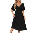 thumbnail image 2 of Otvok Women Solid Color V-Neck Short Sleeve Bow Fold Retract Your Waist Medium Length Dress, 2 of 6
