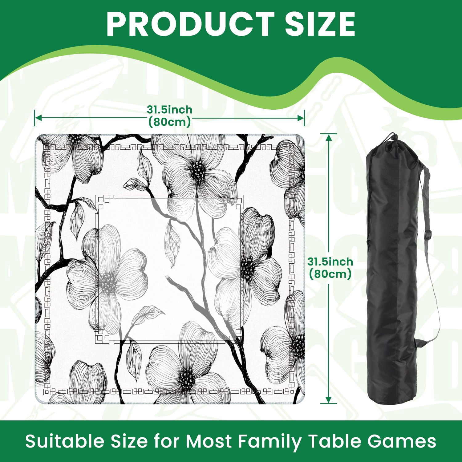 Mahjong Mat 31.5" x 31.5" Seamless Dogwood flower Black white Non-Slip Noise Reduction American Mahjong Tiles Table Cover for Dominoes Poker Card Board Games Gift