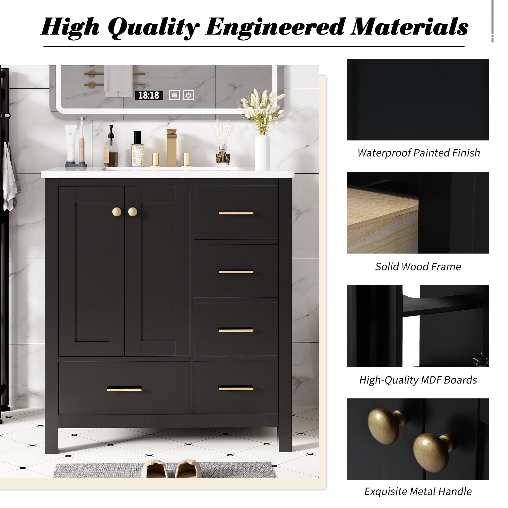 Euroco 30'' Bathroom Vanity with Ceramic Sink Combo, Solid Wood Frame Bathroom Storage Cabinet, Freestanding Vanity Set with 4 Drawers& Soft Closing Doors, Black