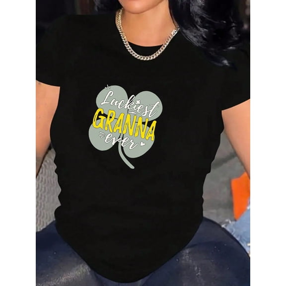 Women's Casual T-Shirt, Lucky Granna Graphic Print, Short Sleeve Crew Neck Top