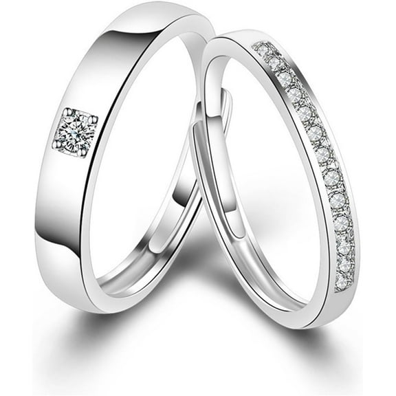 2 Pcs Couple Rings for Women and Men Couples Matching Rings Cubic Zirconia Half Eternity Band Rings Anniversary Promise Engagement Wedding Ring Sets Adjustable