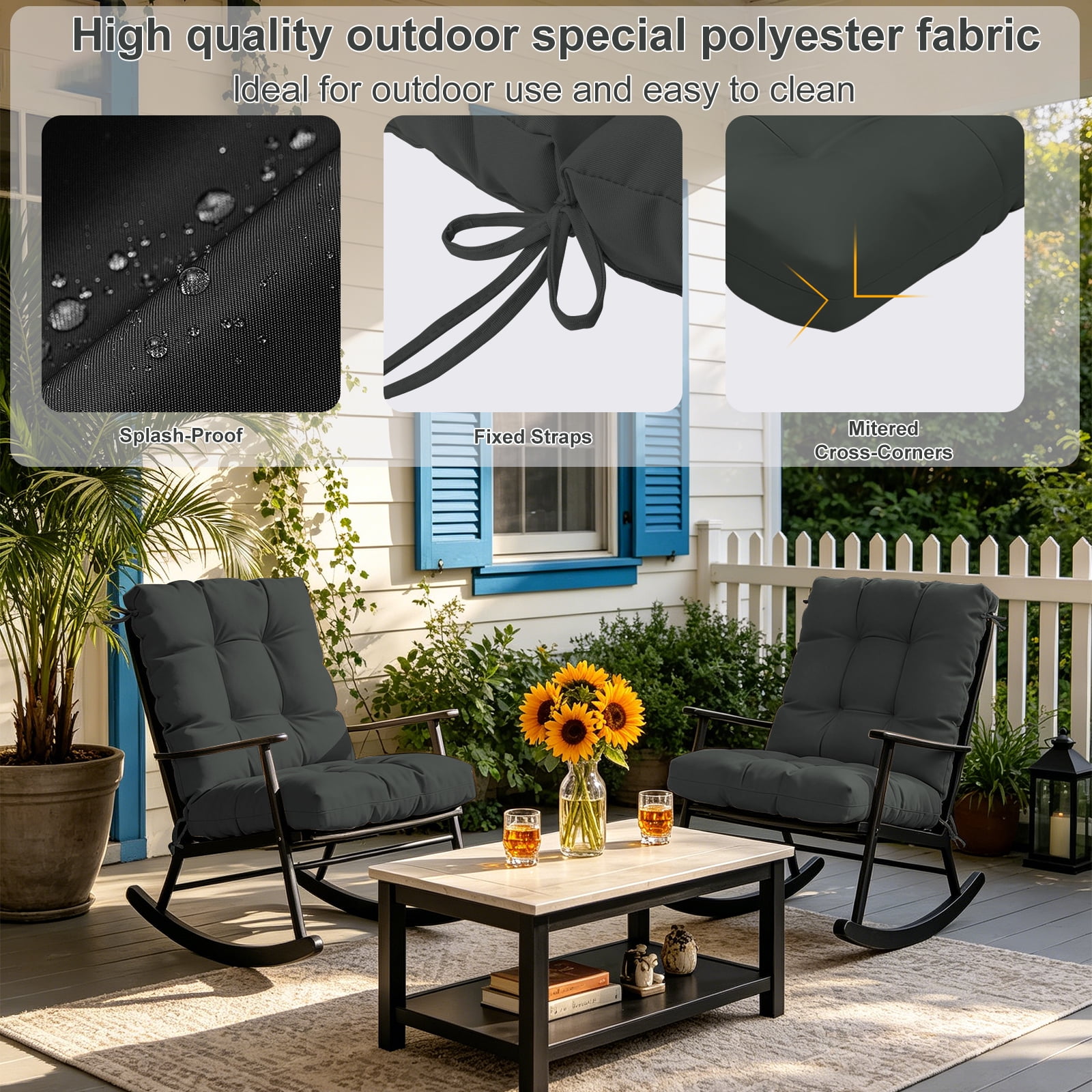 2-Pack 42"x21"x4" Outdoor Chair Cushions, High Back Soft Seat Pad with Ties, Fade-Resistant & Waterproof for Patio Dining/Rocking Chairs, Indoor/Outdoor Use,Dark Gray
