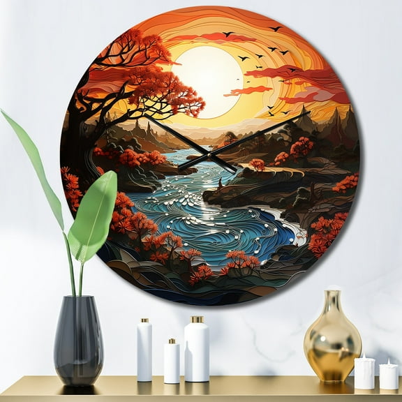 Designart "Papercut Silence Orange Sunrise I" Landscapes Oversized Wall Clock